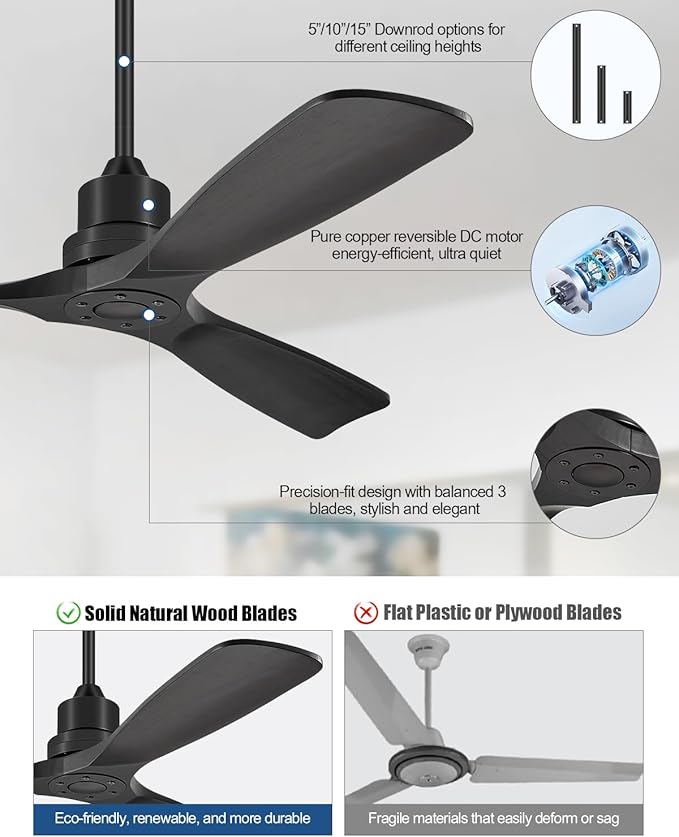 Ceiling Fans With Remote Control, Outdoor Ceiling Fan for Patios Indoor, 3 Downrods, 3 Blades, Timer, 6 Speed Reversible Quiet DC Motor Modern Fan Solid Wood Fan,60in, Matte Black