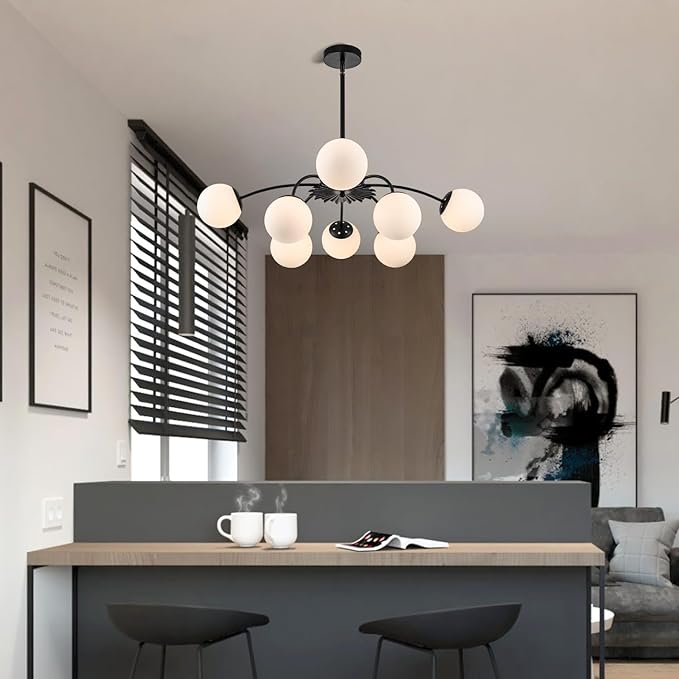 Longree 8-Light Black and White Sputnik Chandeliers with Milk Glass Pendant Light Fixture, with Blossom Accent Mid Century Frosted Glass Bubble Ceiling Lighting for Dining Entry Living Room