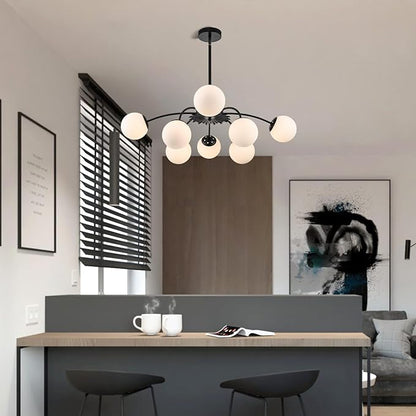 Longree 8-Light Black and White Sputnik Chandeliers with Milk Glass Pendant Light Fixture, with Blossom Accent Mid Century Frosted Glass Bubble Ceiling Lighting for Dining Entry Living Room