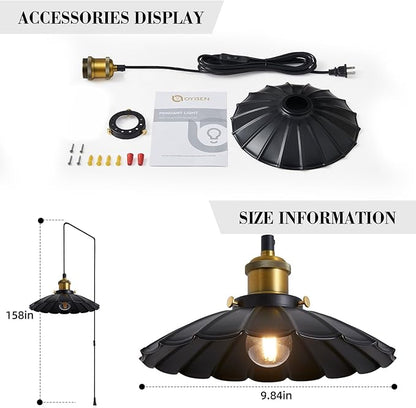 Plug in Hanging Light, Vintage Black 9.8 Inch Lampshade 14Ft Plug in Pendant Light for Dining Room and Living Room, Kitchen Island Retro On/Off Switch Hanging Lamp Fixtures 2Pack
