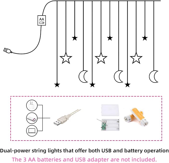 Moon and Stars Decor Curtain Lights, 11.5ft String Lights for Bedroom, Christmas, Ramadan Decor, Indoor LED Fairy Twinkle Light, Battery Operated or USB Plug-in (Warm Yellow)