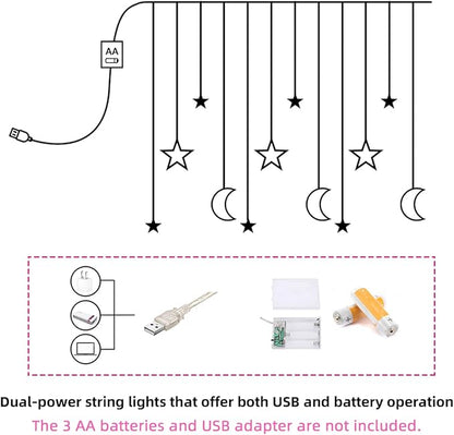 Moon and Stars Decor Curtain Lights, 11.5ft String Lights for Bedroom, Christmas, Ramadan Decor, Indoor LED Fairy Twinkle Light, Battery Operated or USB Plug-in (Warm Yellow)