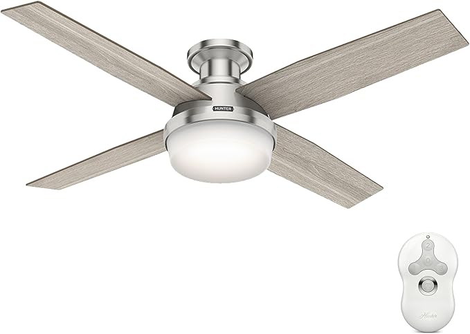 Hunter 52 inch Indoor Ceiling Fan with LED Light and Remote Control- Modern Ceiling Fan, Low Profile Mount, 4 Light Gray Oak Blades, For Bedroom, Living Room, or Kitchen- Dempsey 50283, Brushed Nickel