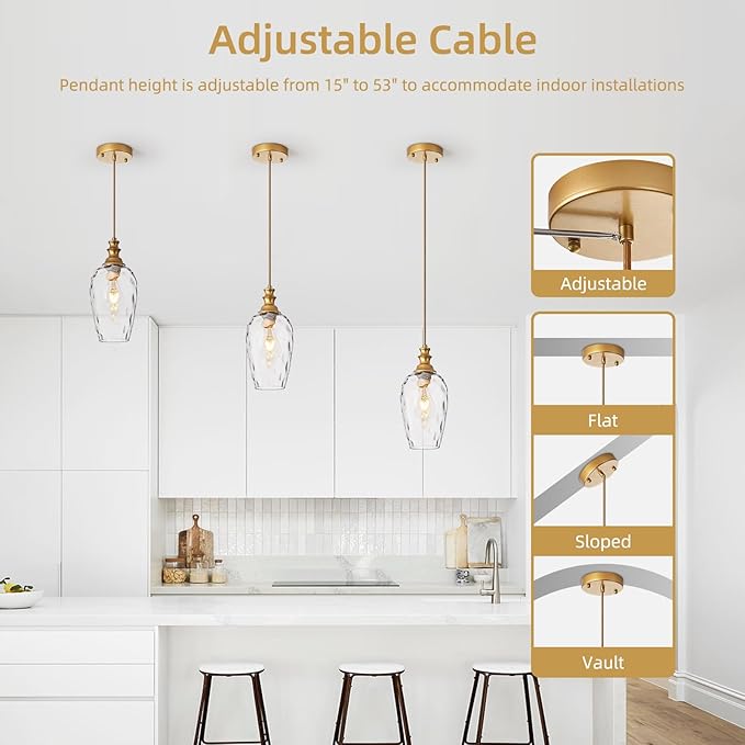 Pendant Lights Kitchen Island, Gold Pendant Light Fixtures Hanging Light Fixture Transparent Water Ripple Glass Lamp Shade Island Lights for Kitchen Living Dining Room Farmhouse Pendant Light