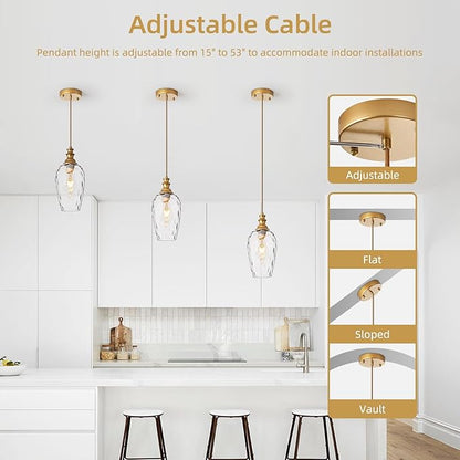 Pendant Lights Kitchen Island, Gold Pendant Light Fixtures Hanging Light Fixture Transparent Water Ripple Glass Lamp Shade Island Lights for Kitchen Living Dining Room Farmhouse Pendant Light