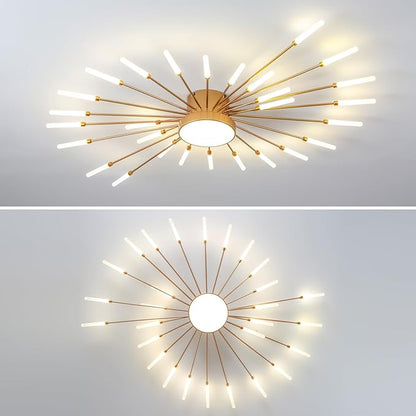 ziidoo Modern Ceiling Light, 28+1 Lights Metal Firework Designed Chic Led Lighting Fixture for Farmhouse Kitchen Dining Room Bedroom Hallway Living Room (Gold and Dark Gold)