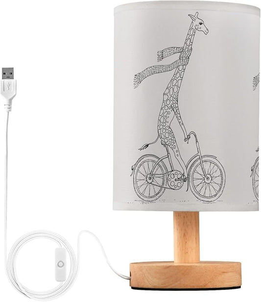 Funny Giraffe in Scarf on Bicycle Cartoon Character on White Table Lamp with Wood Base Fabric Lamp Shade Bedside Nightstand Desk Lamp for Living Room Bedroom Kids Room Office