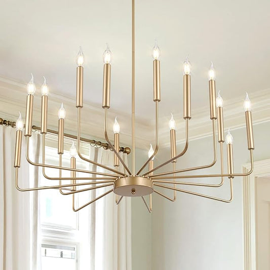 Qamra Modern Farmhouse Gold Chandelier for Dining Room, 16-Light Rustic Candle Chandelier Light Fixture, Industrial Hanging Chandeliers Lighting for Living Room, Kitchen, Staircase, Entryway, Foyer