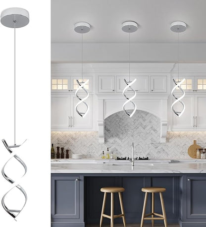 CANEOE Spiral Led Pendant Light Fixture,15W Cold White Light Modern Integrated LED Hanging Lamp, Adjustable Island Light Fixture for Living Room Bedroom Kitchen Sink, 1 Pack (Chrome)