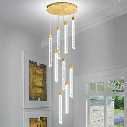 Modern 9-Lights Gold Crystal Column Chandeliers for Entrance Dimmable LED Pendant Lighting Hanging Lights for Dining Room Bedroom Foyer Staircase Living Room