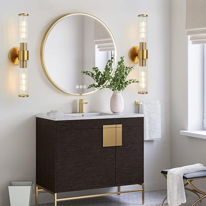 Bathroom Light Fixtures, Gold Wall Sconce in Threaded Glass Indoor Wall Sconces, Modern Bathroom Vanity Light Up and Down Sconces Wall Lighting for Living Room, Hallway - Bulb Not Included