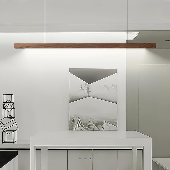 Modern LED Chandelier Walnut Color Dining Room Kitchen Island Long Hanging Lights Restaurant Office Coffee Home Lighting Ash Wood Remote Control Dimmable (2 Round Bases, 100cm(39.3in))