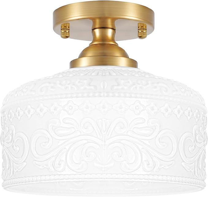 Daunton Artistic Gold Handcrafted Semi Flush Mount Ceiling Light - 12 Inch Vintage White Glass Shade with Etched Patterns, Easy Install Small Ceiling Light Fixture for Hallway, Kitchen, Bedroom