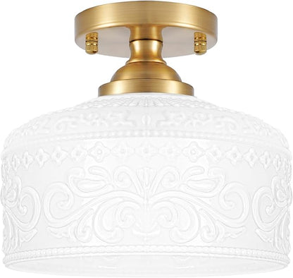 Daunton Artistic Gold Handcrafted Semi Flush Mount Ceiling Light - 12 Inch Vintage White Glass Shade with Etched Patterns, Easy Install Small Ceiling Light Fixture for Hallway, Kitchen, Bedroom