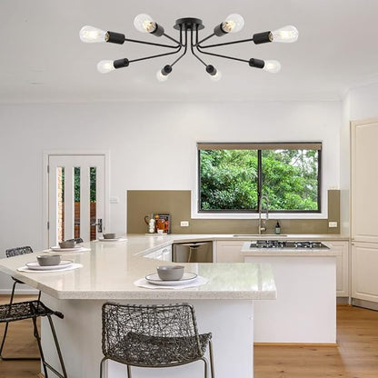 Vintage 8 Light Ceiling Light Industrial Metal Black Sputnik Semi Flush Mount Light for Dining Room Living Room Kitchen