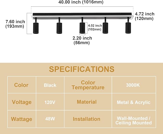 TODOLUZ 5-Light LED Track Lighting Fixtures, Black Flexible Directional Ceiling Spot Light, Wall Mounted Bathroom Lights Fixture for Over Mirror Kitchen