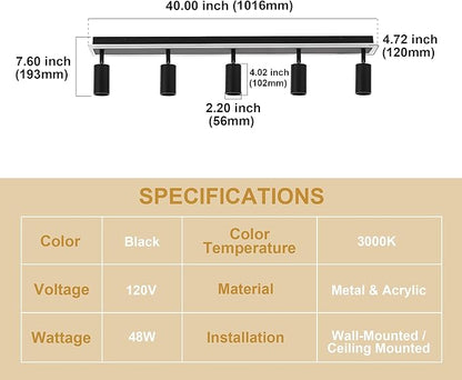 TODOLUZ 5-Light LED Track Lighting Fixtures, Black Flexible Directional Ceiling Spot Light, Wall Mounted Bathroom Lights Fixture for Over Mirror Kitchen