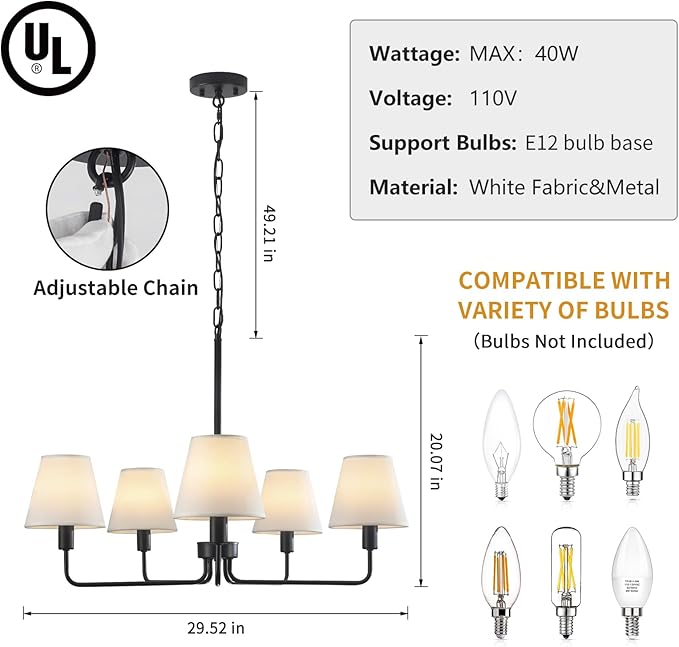 Black Chandeliers for Dining Room 30” Bedroom Light Fixture with White Fabric Shade 5-Light Modern Farmhouse Chandelier Adjustable Pendant Lighting Fixtures for Kitchen Island,Living Room,Entryway
