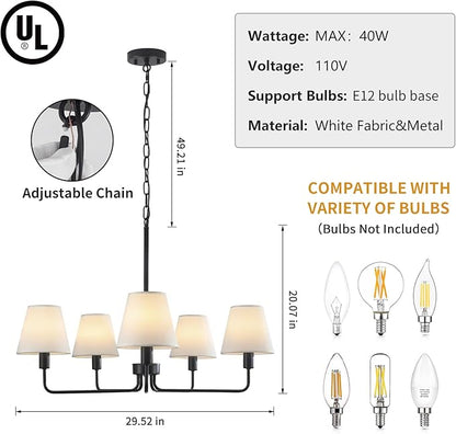 Black Chandeliers for Dining Room 30” Bedroom Light Fixture with White Fabric Shade 5-Light Modern Farmhouse Chandelier Adjustable Pendant Lighting Fixtures for Kitchen Island,Living Room,Entryway