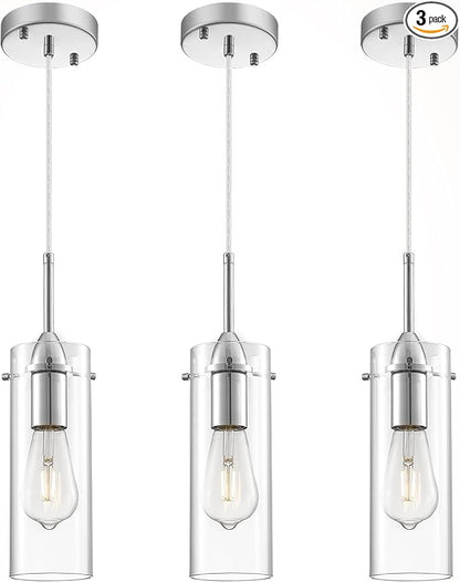 Chrome Pendant Lights Kitchen Island 3 Packs, Glass Pendant Light, Modern Clear Glass Pendant Light Fixture, Pendant Lights for Kitchen Island, Living Room, Bathroom