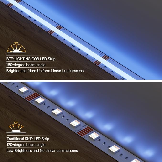 BTF-LIGHTING FCOB COB RGBCCT Color Changing LED Strip,UL Listed 840LED/m High Density 16.4FT RGB+Tunable White 3000K-6000K DC12V 12mm Width Flexible Light for Home Decor(No Adapter or Controller)