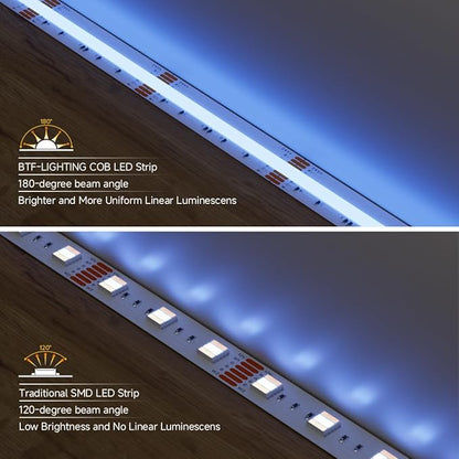 BTF-LIGHTING FCOB COB RGBCCT Color Changing LED Strip IP66,UL Listed 960LED/m High Density 16.4FT RGB+Tunable White 3000K-6000K DC24V 12mm Width Flexible Light for Home Decor(No Adapter & Controller)