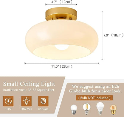 Mid-Century Modern Gold Semi Flush Mount Ceiling Light,White Glass Dome Hallway Lighting Fixtures, Metal Close to Ceiling Lamp for Entryway Bathroom Kitchen Bedroom Porch Foyer Office(11 Inch)