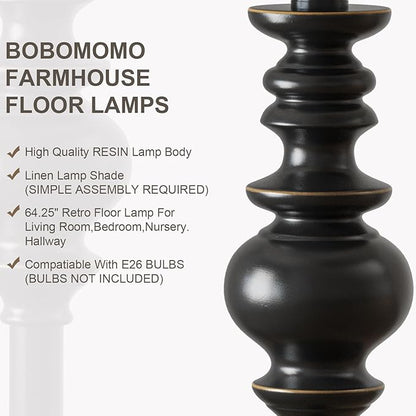BOBOMOMO 64.25" Farmhouse Floor Lamp for Living Room, Tall Antique Black Standing Lamp with Rotary Switch, Mid-Century Modern Reading Lamp for Bedroom & Office, Minimalist Home Decor Corner Lamp