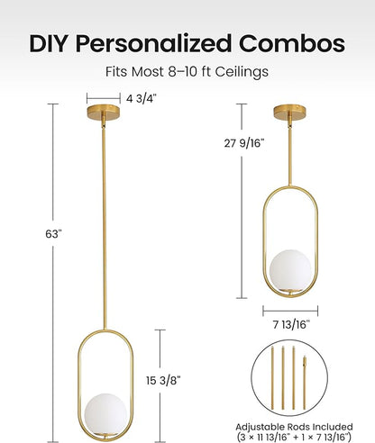 Yunnix Pendant Lights Kitchen Island, Pendant Light Fixtures, 2 Pack Modern Gold Globe Glass Pendant Lighting, Brass Mid Century Chandelier One Light for Bathroom Bedroom Dining Room