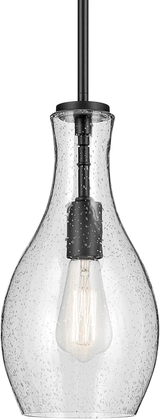 Kichler Everly 1-Light Bell Pendant Light Fixture with Clear Seeded Glass in Black for Kitchen Island, Dining Nook, or Home Bar, Modern Hanging Lamp (13.75" x 7"), 2456BKCS