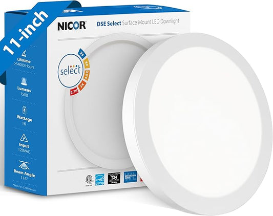 11” Round LED Surface Mount Ceiling Light - Dimmable Ceiling Light for Kitchen - Selectable CCT 2700K-5000K, 1523-1588 Lumens, 15.9W - DSE Edge-Lit Downlights for Ceiling, White by NICOR Lighting