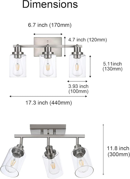 3 Light Track Lighting Kit Brushed Nickel Kitchen Track Lighting Fixtures Ceiling Mount Bathroom Vanity Wall Scones Light Fixture with Clear Glass, Rotatable Spotlight for Kitchen Shop Hallway