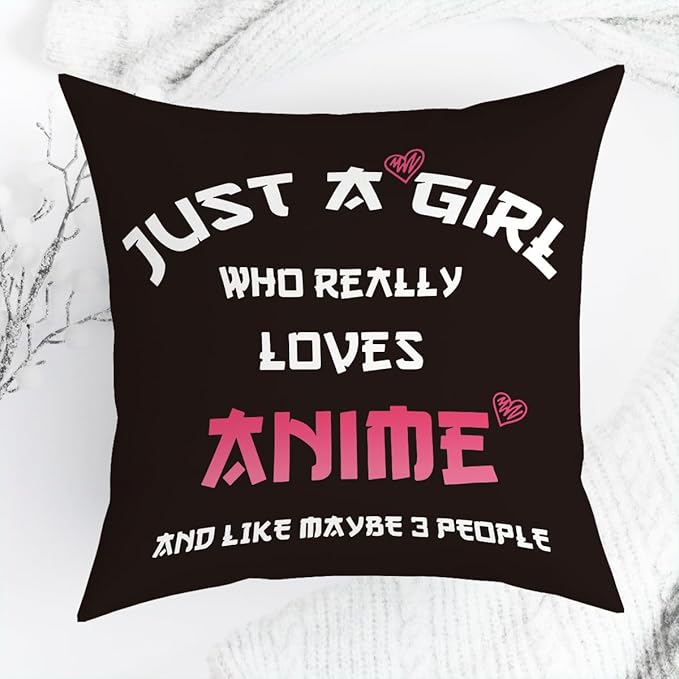 Anime Decor, Just a Girl Who Loves Anime Anime Room Decorative Throw Pillow Covers, Girls Anime Gifts Anime Lovers for Home Living Room Girl Women Bedroom Decoration Gifts Black