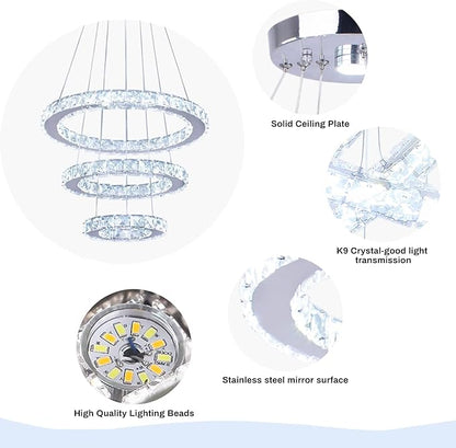 Modern Crystal Chandeliers LED Chandelier Fixtures 3 Rings Round DIY Pendant Lighting Stainless Steel Adjustable Chandelier Ceiling Light for Dining Room Bedroom Living Room (3 Colors)