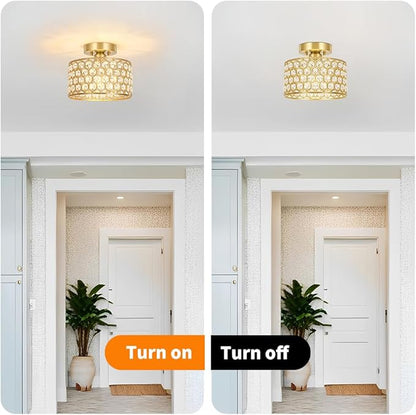 Lxybcce Gold Crystal Ceiling Light Fixture - Modern Semi Flush Mount Ceiling Chandelier Lighting for Hallway, Kitchen & Foyer | Dazzling Prism Chandelier with Easy Installation,1 Light, 9 in