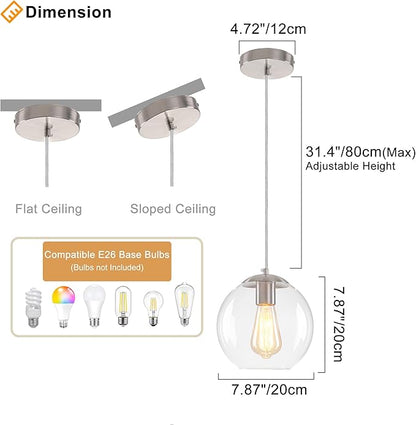 Globe Pendant Light, Modern Hanging Lighting Fixture, Classic Cluster Chandelier with Clear Glass Shades(Brushed Nickel, 1 Lights, 4.7 Inch)
