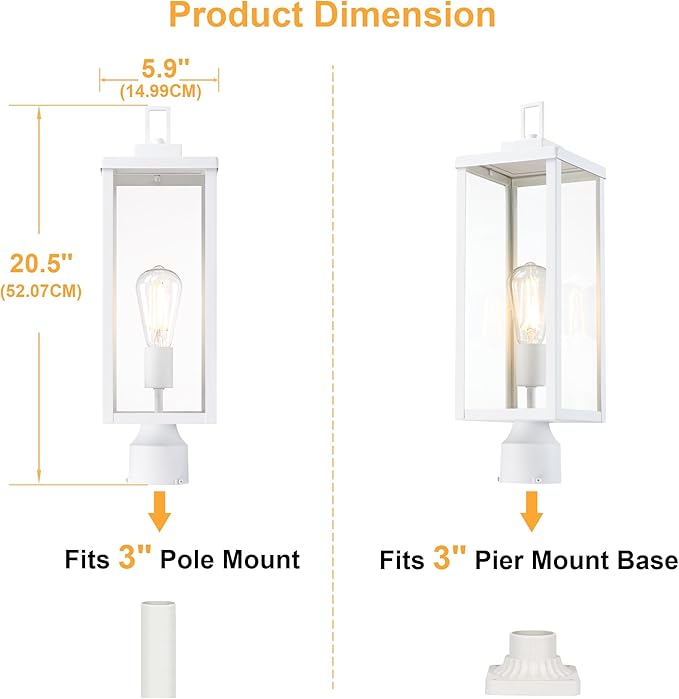 GRUENLICH Outdoor Lamp Post Light Fixtures, Exterior Pole Lantern with Tempered Glass, 20.5 Inch Fence Post Lighting for Garden Yard Pathway, White, 1 Pack