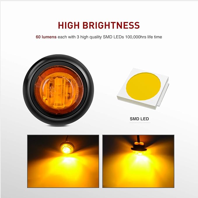 Nilight TL-03 10 PCS 3/4” Round Clearance LED Front Rear Side Indicator Bullet Marker Light for Truck RV Car Bus Trailer Van Caravan Boat (12V, Amber)