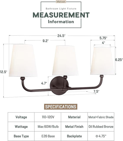 Bathroom Light Fixtures, 3-Light Oil Rubbed Bronze Vanity Lights with Flared White Fabric Shade, Vintage Sconces Wall Lighting for Hallway Bedroom, VL837-ORB-3