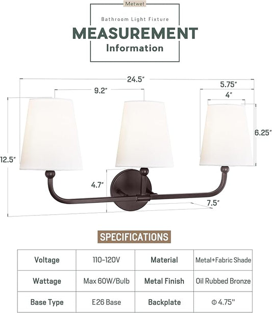 Bathroom Light Fixtures, 3-Light Oil Rubbed Bronze Vanity Lights with Flared White Fabric Shade, Vintage Sconces Wall Lighting for Hallway Bedroom, VL837-ORB-3