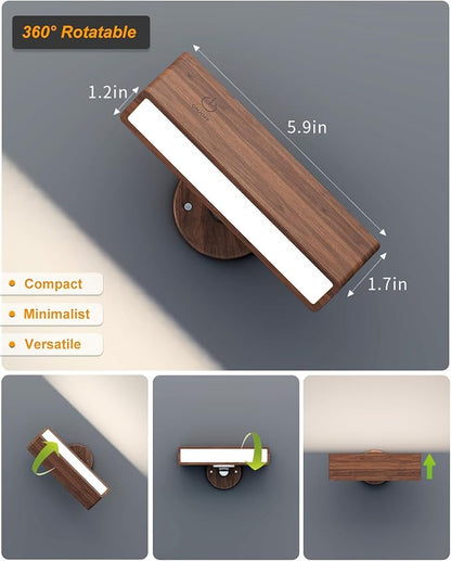 DetarZinLED Wooden Wall Lights Battery Operated with Remote,Rechargeable Wall Sconce for Bedroom with 3 Color Temperature, Magnetic, Stick-On, Dimmable Wall Reading Lights (Walnutwood, 1 Pack)