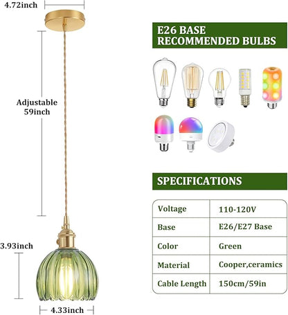 Shenmoyl Pendant Light with Green Tulip Glass Lmapshade, Brass Vintage Pendant Light Adjustable Hanging Light for Kitchen Island Dining Room Hallway