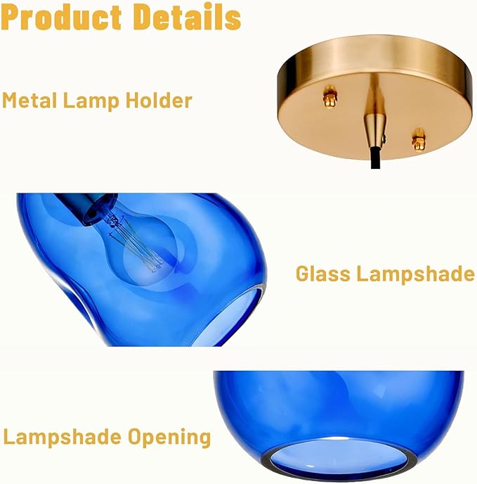 Pendant Lights Kitchen Island Adjustable Organic Globe Modern Gold Ceiling Hanging Light Fixtures for Bar, Counter, Porch, Patio, Over Sink Dining Room,Table 8.5'' Height -Blue