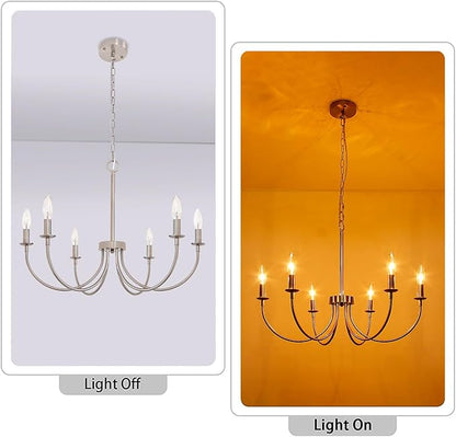 6-Light Farmhouse Chandelier for Dining Room, Brushed Nickel Dining Room Light Fixtures, Industrial Vintage Candle Chandeliers for Living Room, Bedroom, Foyer, Kitchen, Entryway
