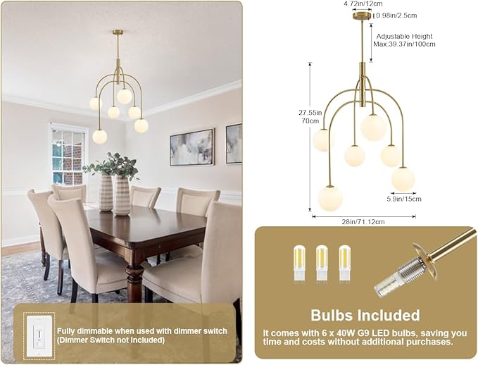 Mid Century Modern Chandelier, 6-Light Gold Globe Chandelier Milk Glass Chandelier Light Fixture, Adjustable Sputnik Hanging Pendant Light for Dining Room Entryway Kitchen Island, Bulbs Included