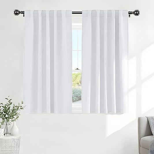 PONY DANCE White 50% Lighting Blocking Curtains for Bathroom, Short Non-See-Through Thermal Insulated Room Darkening Back Tab Small Drapes for Nursery Bedroom Window, W34 x L45, Pure White, 2 Panels