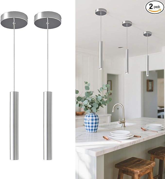 Modern LED Pendant Light Fixtures Chrome Long Tube Pendant Lights 2 Pack Pendant Lighting for Bedroom Dining Room Bar Kitchen Island Hanging Light Height Adjustable, 3000K, 11.8inch