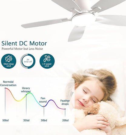 Ayaoty Ceiling Fans with Lights, 42 inch Low Profile Ceiling Fan with Light and Remote Control, Flush Mount, Reversible Motor, Dimmable, Noiseless, White Ceiling Fan for Bedroom, Indoor/Outdoor Use