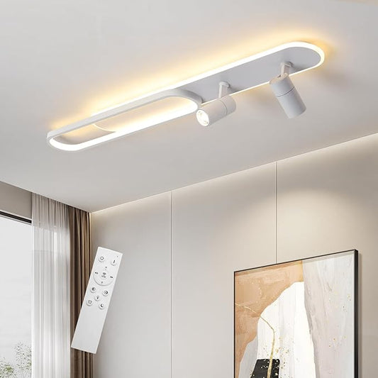39.3Inch Dimmable LED Ceiling Light with 2 Spotlights Modern LED Ceiling Light with Remote Long Linear Ceiling Lamp for Kitchen Bedroom Office Laundry Room White/50W