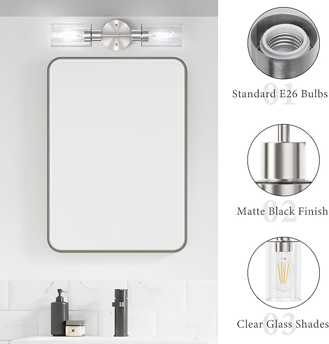 Bathroom Light Fixtures 2 Light Brushed Nickle, Bathroom Vanity Lights Over Mirror, Bathroom Sconces Wall Lighting，Farmhouse Vanity Light, Modern Vanity Lights with Clear Shades
